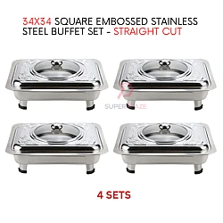 4 Sets 34x34 Square Embossed Stainless Steel Buffet Set Catering Serving Tray Food Pan Warmer