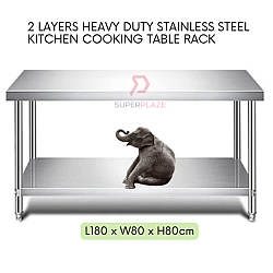 L180xW80xH80cm 2 Tiers Stainless Steel Kitchen Table Storage Heavy Duty Cooking Table Rack