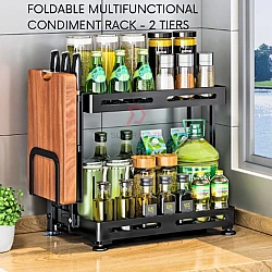 2 Tiers Foldable Multifunctional Condiment Rack Black Powder Coating Kitchen Shelve Storage Rack
