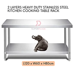 L120xW60xH80cm 2 Tiers Stainless Steel Kitchen Table Storage Heavy Duty Cooking Table Rack
