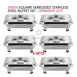 6 Sets 34x34 Square Embossed Stainless Steel Buffet Set Catering Serving Tray Food Pan Warmer