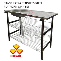 3V Standard Katka Stainless Steel Platform Kitchen Sink Set With Powder Coating Steel Stand Drainer