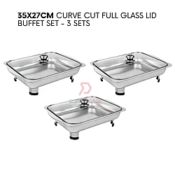 3 Sets 35x27cm Full Glass Lid Stainless Steel Buffet Set Catering Serving Tray Food Pan