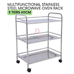 60cm 3 Tiers Stainless Steel Microwave Oven Rack Multifunctional Desktop Floor Rack Side Table Cart Trolley