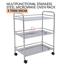 55cm 3 Tiers Stainless Steel Microwave Oven Rack Multifunctional Desktop Floor Rack Side Table Cart Trolley