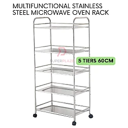 60cm 5 Tiers Stainless Steel Microwave Oven Rack Multifunctional Desktop Floor Rack Side Table Cart Trolley