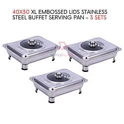 3 Sets 40x30cm XL Embossed Lids Stainless Steel Buffet Set Catering Serving Tray Food Pan