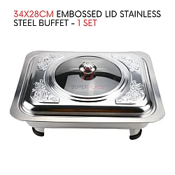 1 Set 34x28cm Straight Cut Embossed Lid Stainless Steel Buffet Set Catering Serving Tray Food Pan