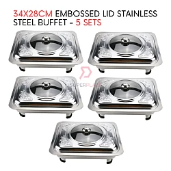 5 Sets 34x28cm Straight Cut Embossed Lid Stainless Steel Buffet Set Catering Serving Tray Food Pan