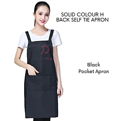 Black Solid Color H Back Self Tie Apron Bib Pocket Kitchen Chef Apron Workshop Art Bakery Apron