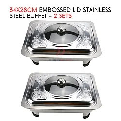2 Sets 34x28cm Straight Cut Embossed Lid Stainless Steel Buffet Set Catering Serving Tray Food Pan