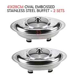 2 Sets 41x28cm Oval Cut Embossed Stainless Steel Buffet Set Catering Serving Tray Food Pan Warmer