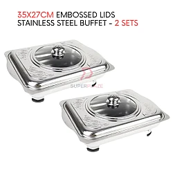 2 Sets 35x27cm Curve Cut Embossed Lids Stainless Steel Buffet Set Catering Serving Tray Food Pan