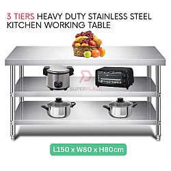 L150xW80xH80cm 3 Tiers Stainless Steel Kitchen Table Storage Heavy Duty Cooking Table Rack