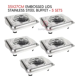 5 Sets 35x27cm Curve Cut Embossed Lids Stainless Steel Buffet Set Catering Serving Tray Food Pan