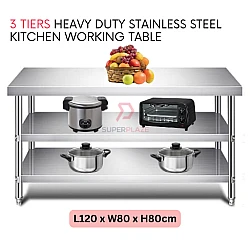 L120xW80xH80cm 3 Tiers Stainless Steel Kitchen Table Storage Heavy Duty Cooking Table Rack