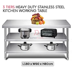 L180xW60xH80cm 3 Tiers Stainless Steel Kitchen Table Storage Heavy Duty Cooking Table Rack