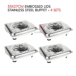 4 Sets 35x27cm Curve Cut Embossed Lids Stainless Steel Buffet Set Catering Serving Tray Food Pan
