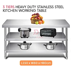 L150xW60xH80cm 3 Tiers Stainless Steel Kitchen Table Storage Heavy Duty Cooking Table Rack