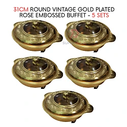 5 Sets 31cm Round Vintage Gold Plated Rose Embossed Buffet Set Food Pan Chafing Dish Serving Set Tray