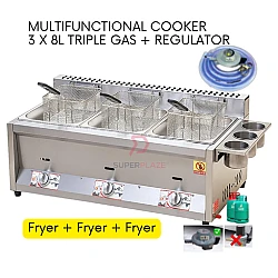 Fryer 3 x 8L With Regulator Set Triple Gas Commercial Multifunctional Ventilation Cooker Deep Fryer