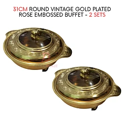 2 Sets 31cm Round Vintage Gold Plated Rose Embossed Buffet Set Food Pan Chafing Dish Serving Set Tray