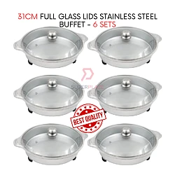 6 Sets 31cm Full Glass Lids Stainless Steel Buffet Set Catering Serving Tray Food Pan