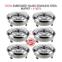 6 Sets 31cm Round Embossed Lids Stainless Steel Buffet Set Catering Serving Tray Food Pan