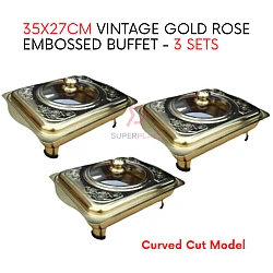 3 Sets 35x27cm Vintage Gold Rose Embossed Buffet Set Serving Dishes Curve Cut Catering Food Pan Tray