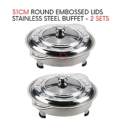 2 Sets 31cm Round Embossed Lids Stainless Steel Buffet Set Catering Serving Tray Food Pan