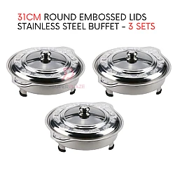 3 Sets 31cm Round Embossed Lids Stainless Steel Buffet Set Catering Serving Tray Food Pan