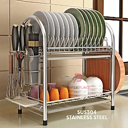 2 Tiers SUS304 Stainless Steel Dish Drainer Rack Kitchen Storage Rack
