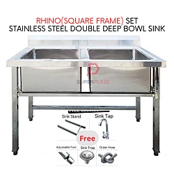 Rhino Square Frame Commercial Stainless Steel Double Deep Bowl Sink Set With Stand