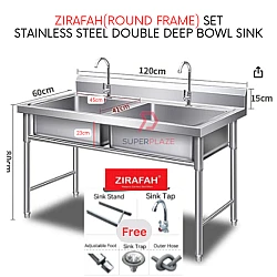 Zirafah Round Frame Commercial Stainless Steel Double Deep Bowl Sink Set With Stand