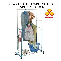 Blue White 3V Powder Coated Twin Drying Rack Adjustable Clothes Hanger Multipurpose Hanging Rack