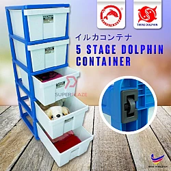 L5 292 5 Tiers Twin Dolphin Plastic Storage Drawer Cabinet Chest Drawers Clothes Almari Plastic Baju Serbaguna
