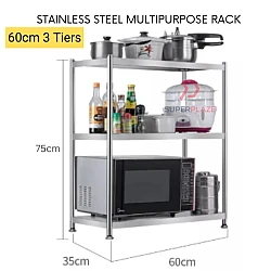 60cm 3 Tiers Silver Stainless Steel Multipurpose Kitchen Rack Organizer Kitchen Shelve Microwave Rack 