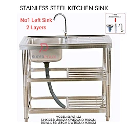 No1 Left Sink 2 Layers Stainless Steel Multifunctional Portable Single Wash Basin Kitchen Dish Rack