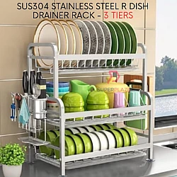 3 Tiers Silver SUS304 Stainless Steel R Dish Drainer Rack Kitchen Storage Rack Cutlery Rack