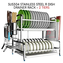 2 Tiers Silver SUS304 Stainless Steel R Dish Drainer Rack Kitchen Storage Rack Cutlery Rack