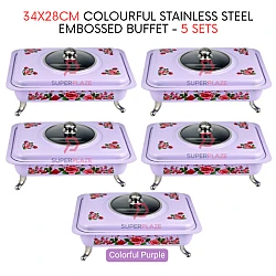 5 Sets Purple Straight 34x28cm Colorful Stainless Steel Embossed Buffet Food Pan Catering Food Serving Tray