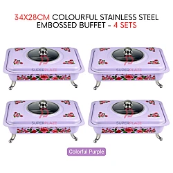 4 Sets Purple Straight 34x28cm Colorful Stainless Steel Embossed Buffet Food Pan Catering Food Serving Tray