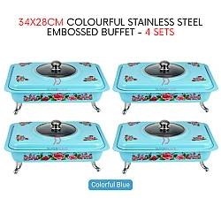 4 Sets Blue Straight 34x28cm Colorful Stainless Steel Embossed Buffet Food Pan Catering Food Serving Tray