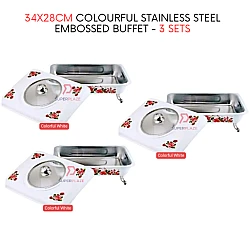 3 Sets White Straight 34x28cm Colorful Stainless Steel Embossed Buffet Food Pan Catering Food Serving Tray