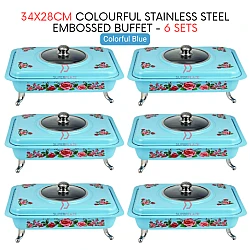 6 Sets Blue Straight 34x28cm Colorful Stainless Steel Embossed Buffet Food Pan Catering Food Serving Tray