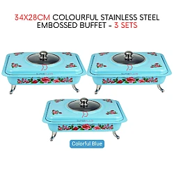 3 Sets Blue Straight 34x28cm Colorful Stainless Steel Embossed Buffet Food Pan Catering Food Serving Tray