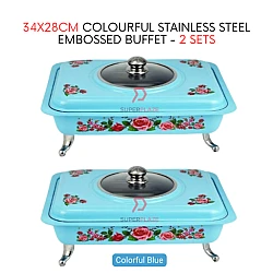 2 Sets Blue Straight 34x28cm Colorful Stainless Steel Embossed Buffet Food Pan Catering Food Serving Tray