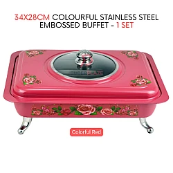 1 Set Red Straight 34x28cm Colorful Stainless Steel Embossed Buffet Food Pan Catering Food Serving Tray
