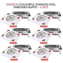 6 Sets White Straight 34x28cm Colorful Stainless Steel Embossed Buffet Food Pan Catering Food Serving Tray