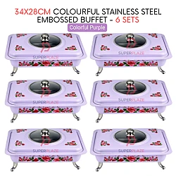 6 Sets Purple Straight 34x28cm Colorful Stainless Steel Embossed Buffet Food Pan Catering Food Serving Tray